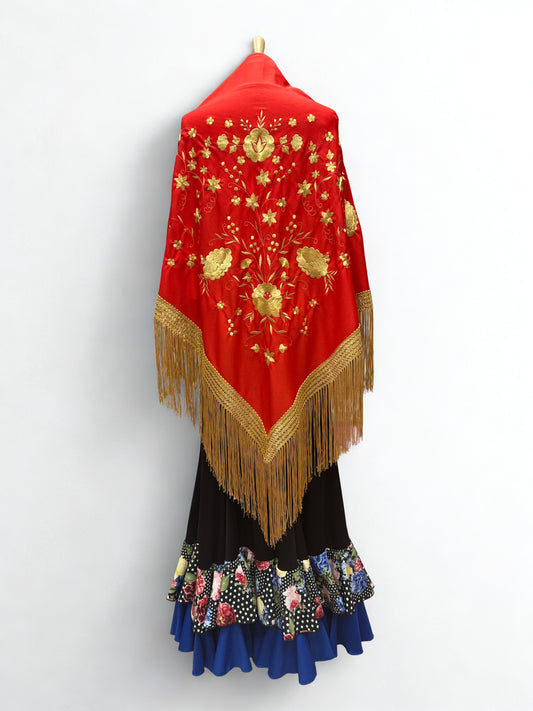 MANTÓN ROJO EN PICO, BORDADO FLORAL DORADO Y FLECO DORADO