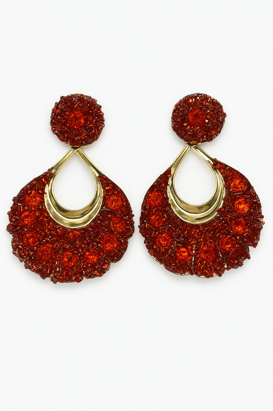 PENDIENTE FLORAL ROJO Y DORADO BRILLANTE