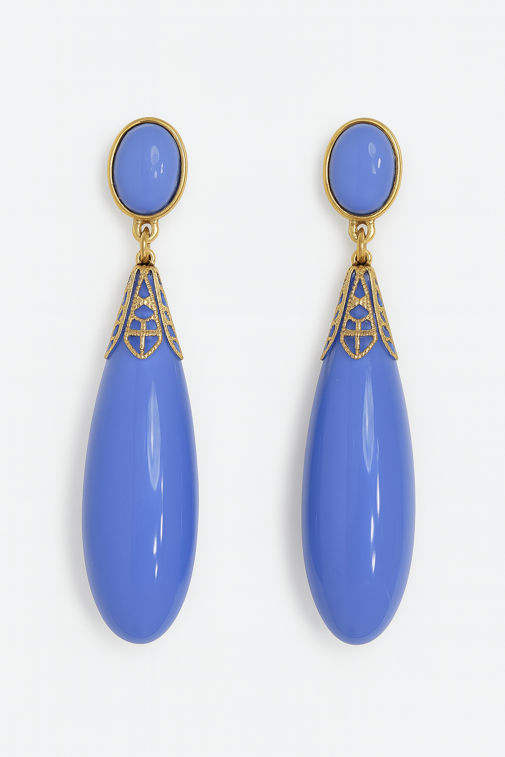 PENDIENTES GRANDE DE LÁGRIMA AZUL Y MOTIVOS DORADOS