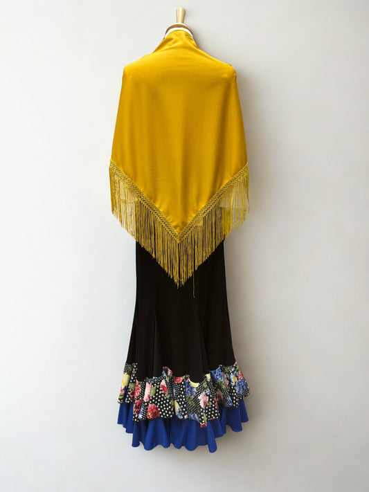 MANTÓN MOSTAZA EN PICO LISO CON FLECOS