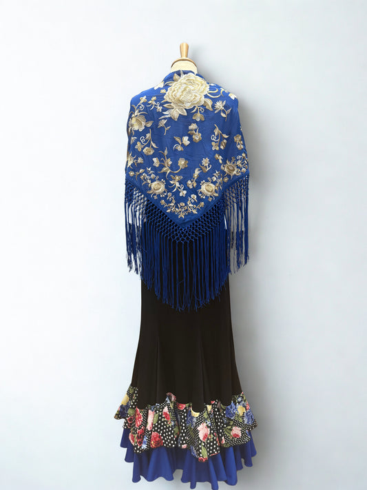 MANTÓN AZUL EN PICO BORDADO FLORAL A DOS TONOS