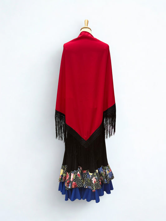 MANTÓN ROJO EN PICO LISO CON FLECOS NEGROS