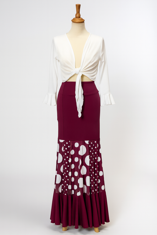 FALDA PUNTO DE SEDA BURDEOS CON LUNARES