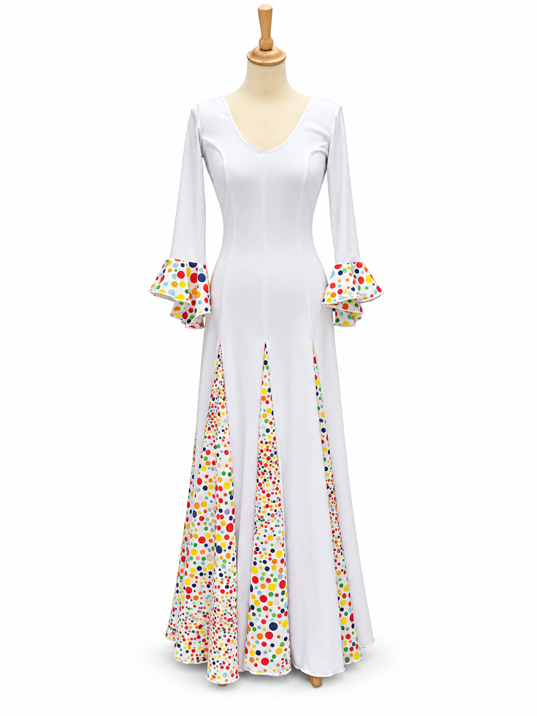 VESTIDO DE FLAMENCA BLANCO CON DETALLES EN LUNARES