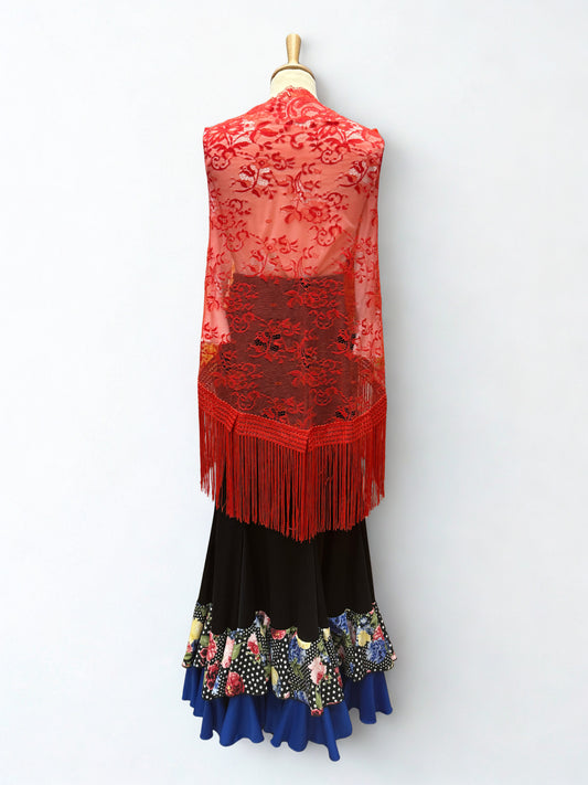 MANTÓN ROJO EN ENCAJE DE MANTILLA,   FLORAL Y FLECO ROJO