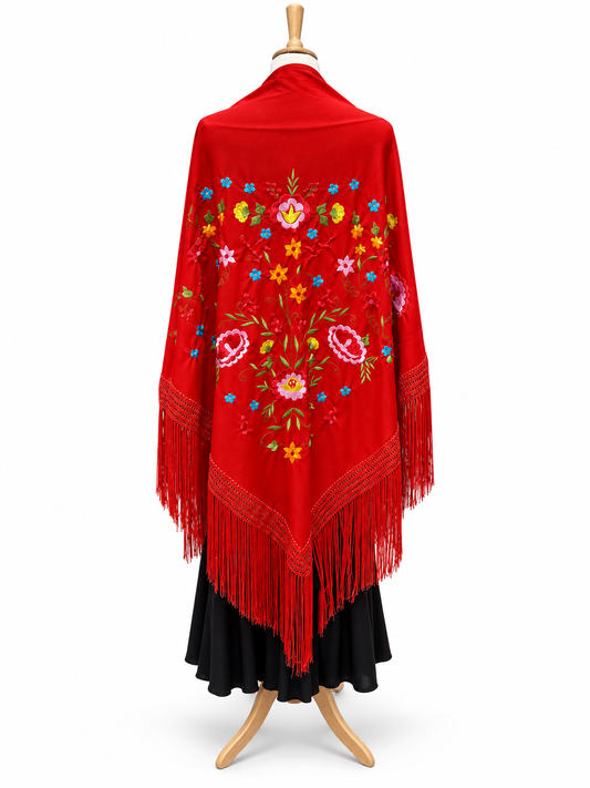MANTON ROJO CON BORDADO FLORAL MULTICOLOR
