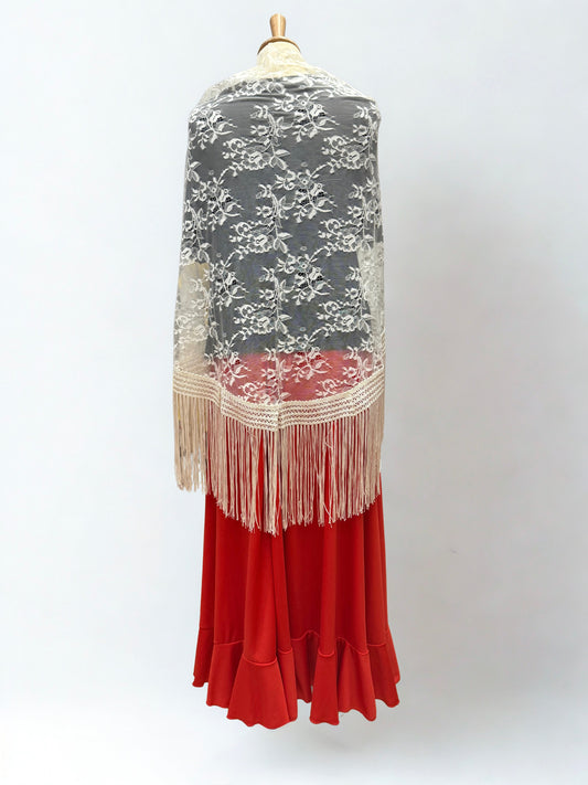 MANTÓN BEIG EN ENCAJE DE MANTILLA, DISEÑO FLORAL