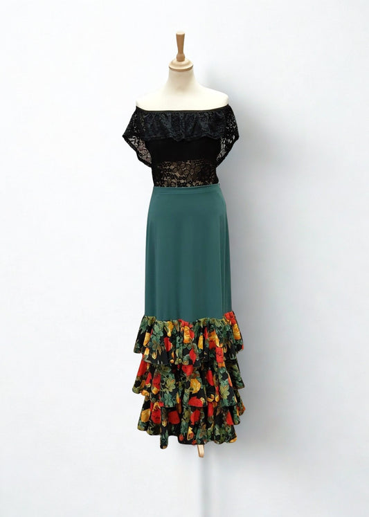 FALDA FLAMENCO VERDE BOTELLA CON TRES VOLANTES TALLA L