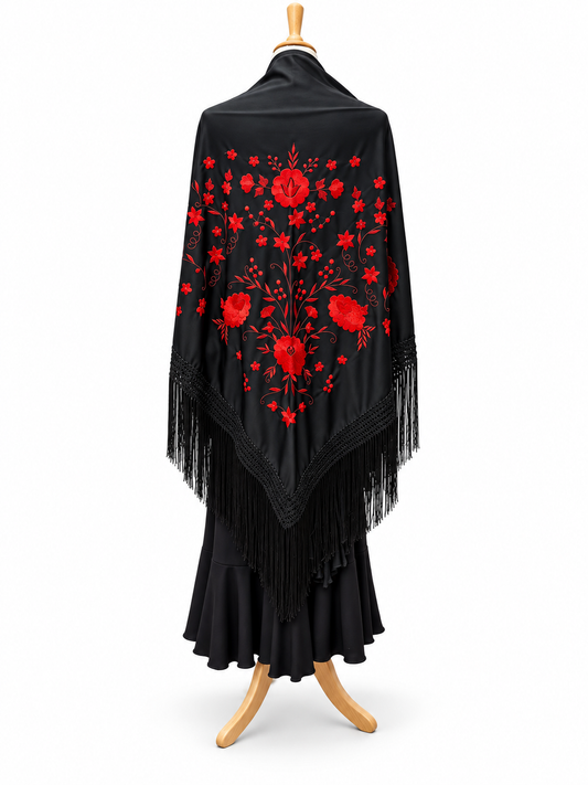 MANTON NEGRO CON BORDADO FLORAL ROJO