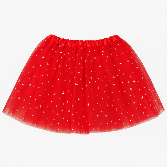 TUTÚ ROJO CON BRILLANTES DE ESTRELLAS Y LUNAS 28 CM