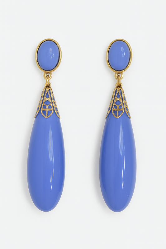 PENDIENTES GRANDE DE LÁGRIMA AZUL Y MOTIVOS DORADOS