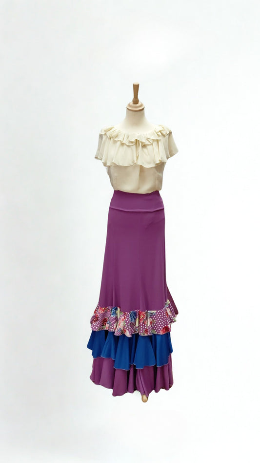 FALDA FLAMENCO VIOLETA CON TRES VOLANTES TALLA M